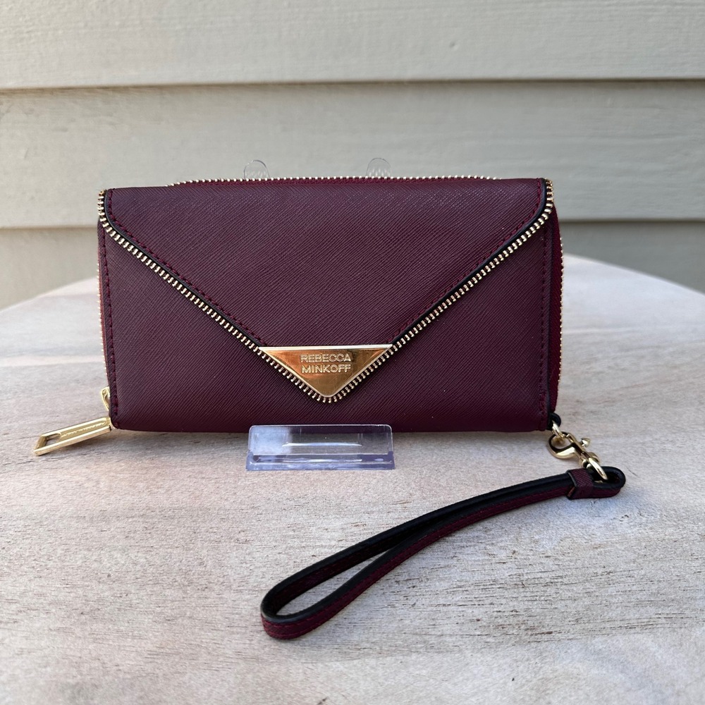Rebecca Minkoff Molly Metro Zip Around Wristlet Wallet Port Wine Red Saffiano